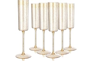YOUBET 24 Pack Plastic Champagne Flutes - 6 Oz Gold Glitter Disposable Champagne Glasses - Square Plastic Wine Cups Wedding Toasting for Party Birthday Anniversary