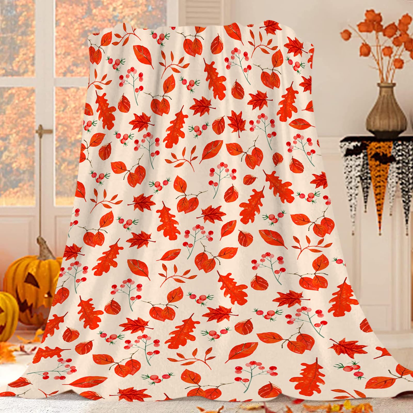 JOOCAR Autumn Leaf Flannel Throw Blanket - 150x200 cm, Fall Nature Red Leaf Maple Berry Branch Cozy and Soft Plush Warm Blankets for Bed Couch Living Room Sofa Chair