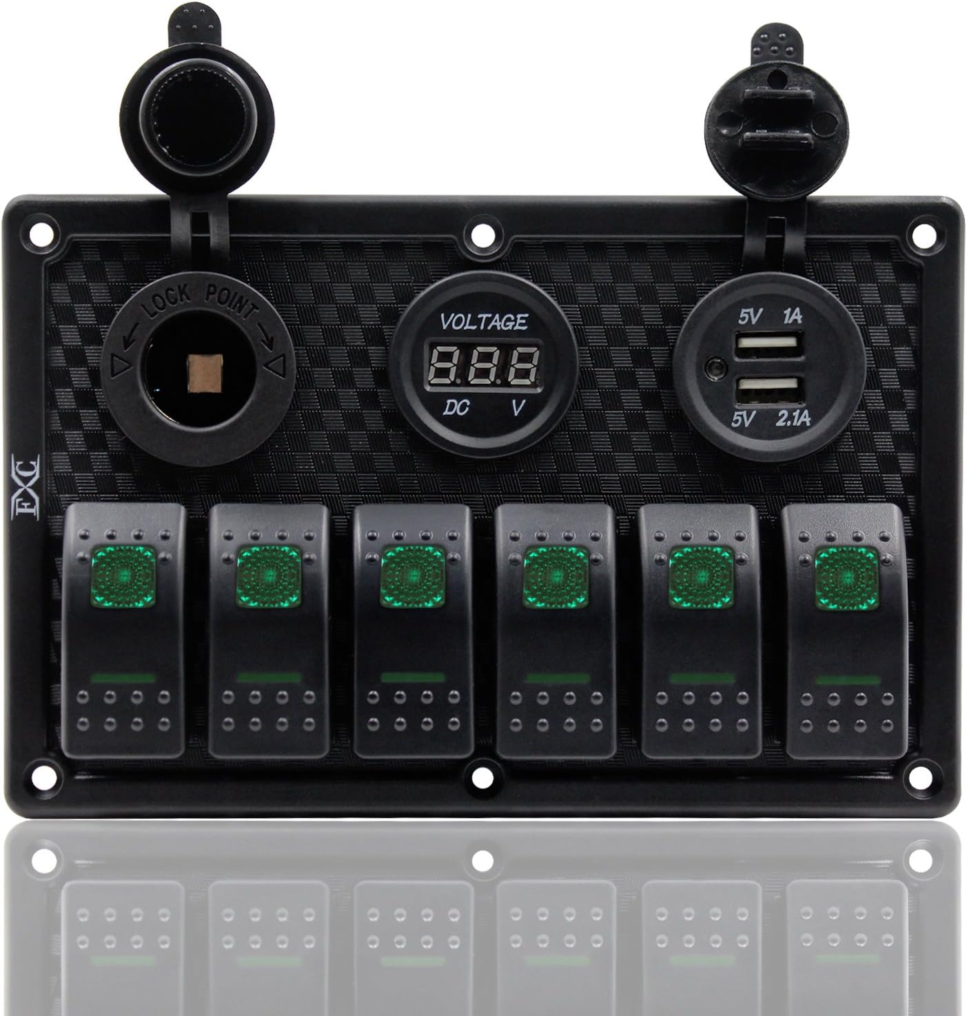 FXC Waterproof Marine Boat Rocker Switch Panel 6 Gang with Dual USB Slot Socket + Cigarette Lighter + Digital Voltage Display LED Light for Car Rv Vehicles Truck (6 Gang Green Light) : Sports & Outdoors