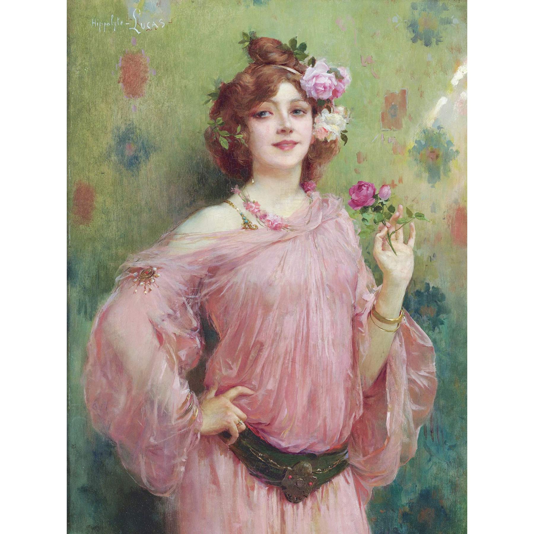 Hippolyte-Lucas Beauty In Pink Woman Flowers Painting Extra Large Wall Art Print Premium Canvas Mural