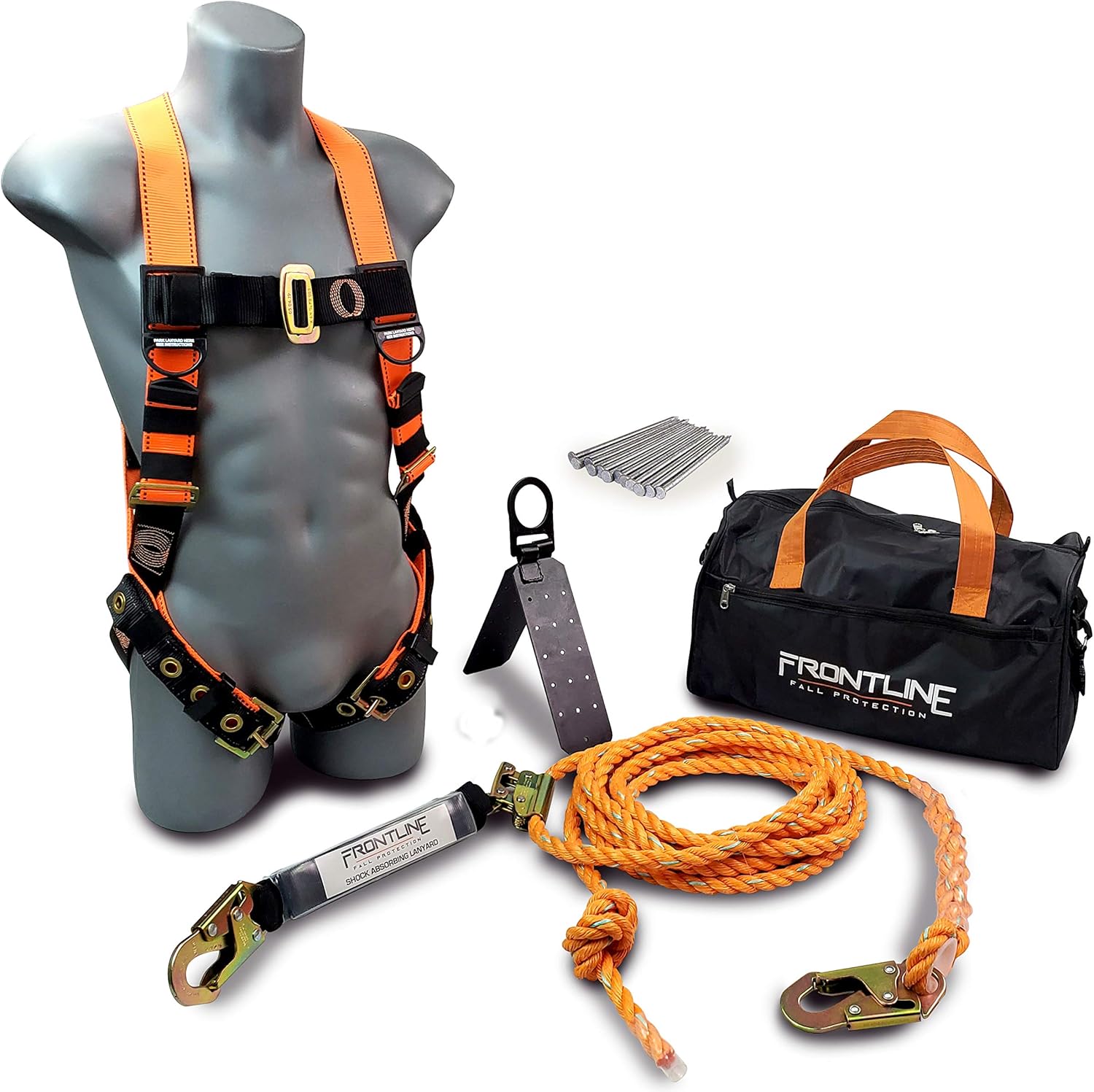 Frontline RK5PTB50 Combat Complete Roofers Kit with 50' Lifeline | Combat Economy Series Full Body Harness | 50’ Vertical Lifeline with Rope Grab | Hinged Reusable Roof Anchor | OSHA & ANSI Compliant - - 