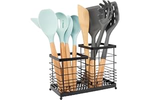 REDCALL Utensil Holder for Countertop,Stainless Steel Kitchen Holder,2-In-1 Spoon Spatula Holder for Kitchen Counter,Large Wire Utensils Organizer,Black Cooking Tool Holder Storage Crock (2 Compartment)