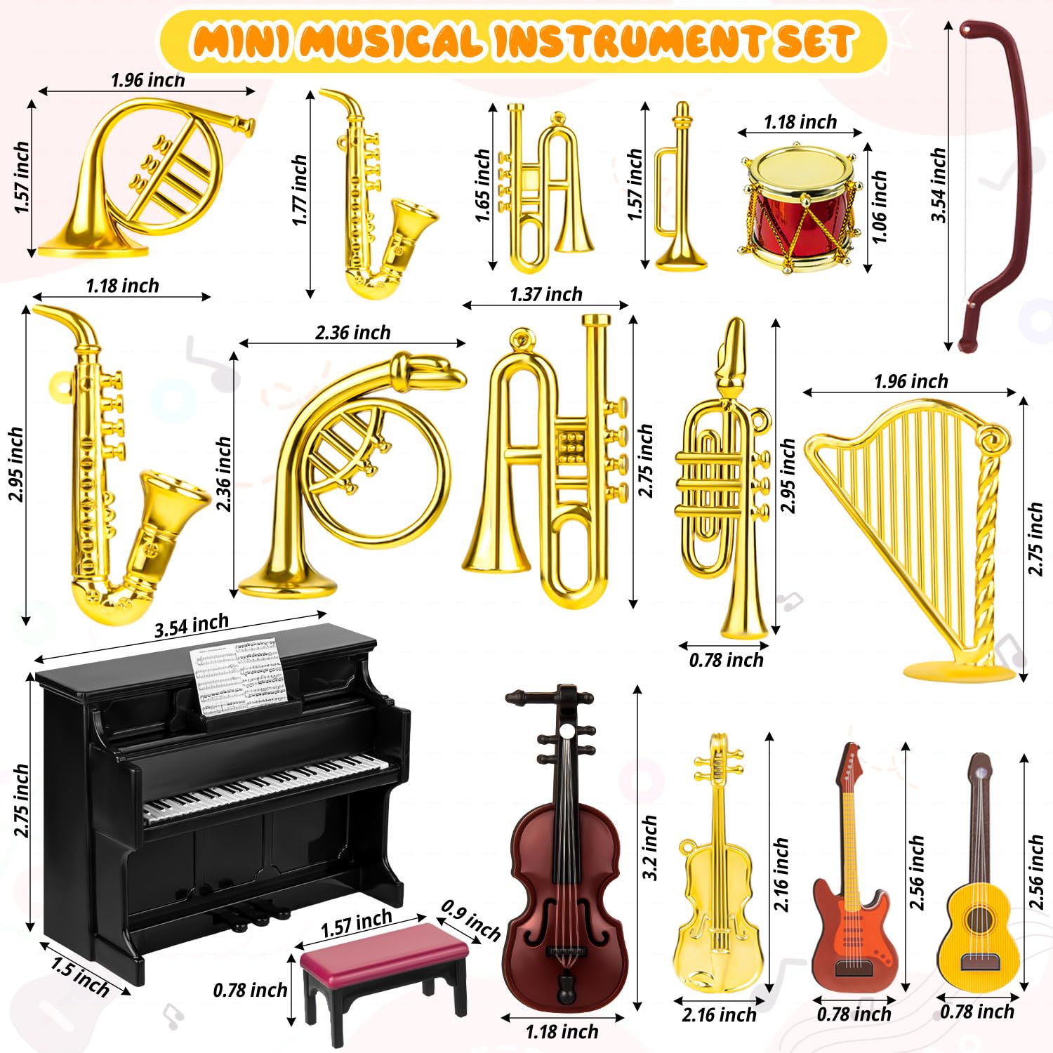 Dollhouse Musical Instruments, Miniature Violin Guitar Piano Drum Trumpet Mini Figurine Ornament for Mini House Musical Room Furnishin