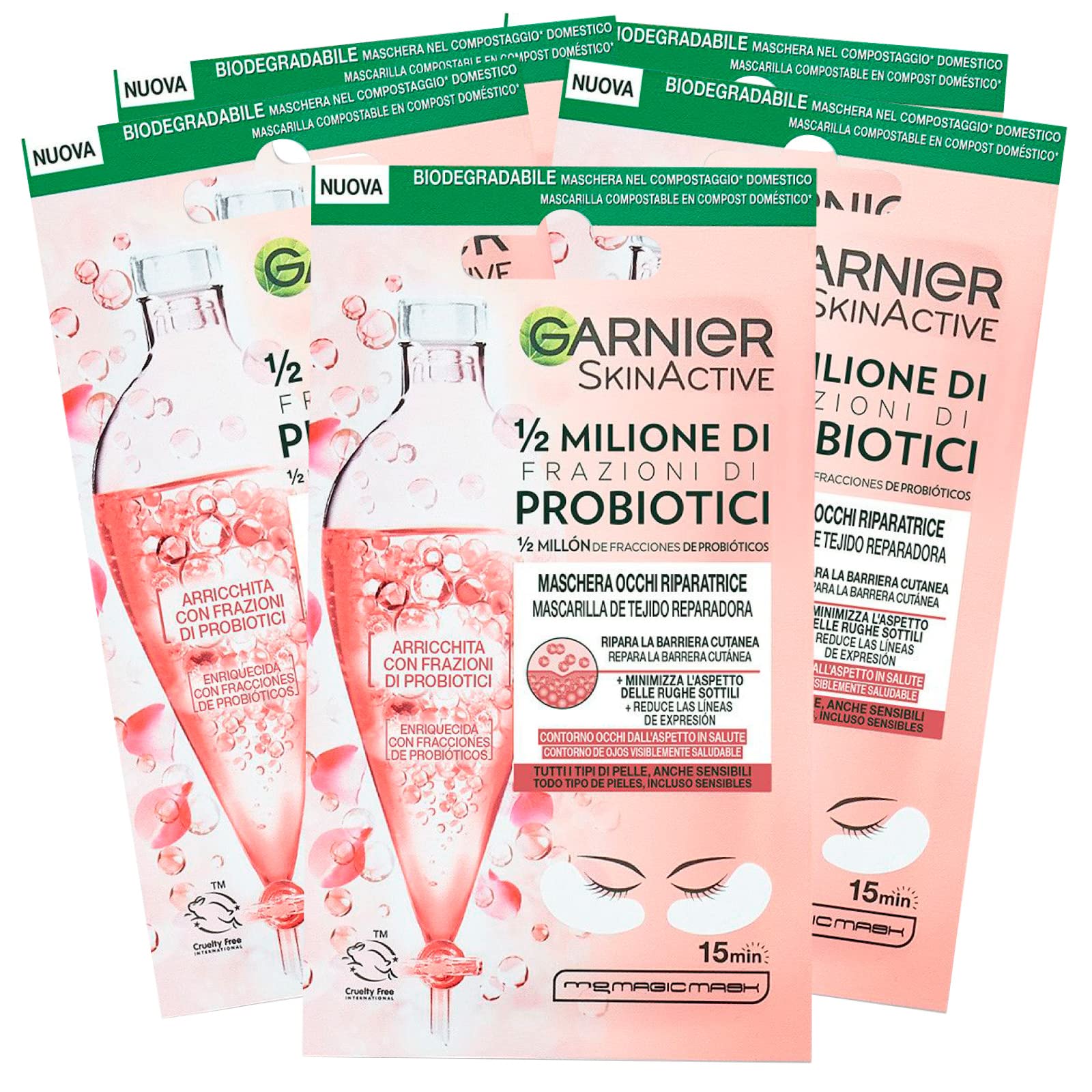 Garnier SkinActive Repairing Eye Mask 1/2 Million Fractions of Probiotics For All Skin Types Minimises Fine Wrinkles in Biodegradable Fabric - 5 Packs of 1 Application