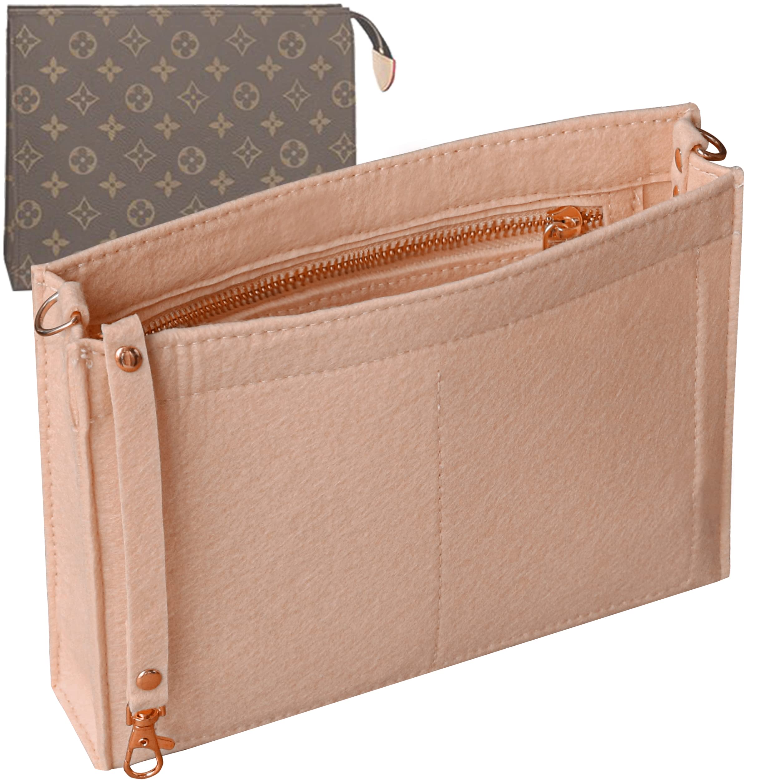 Soyizom Toiletry Pouch 19 26 Bag Organiser Insert for Cosmetics Tidy Organiser,Felt Purse Organiser Insert Ladies Tote Handbag Liner Pocket Organiser with Keychain & Gold Buckle & Zip(Large-26,Pink)