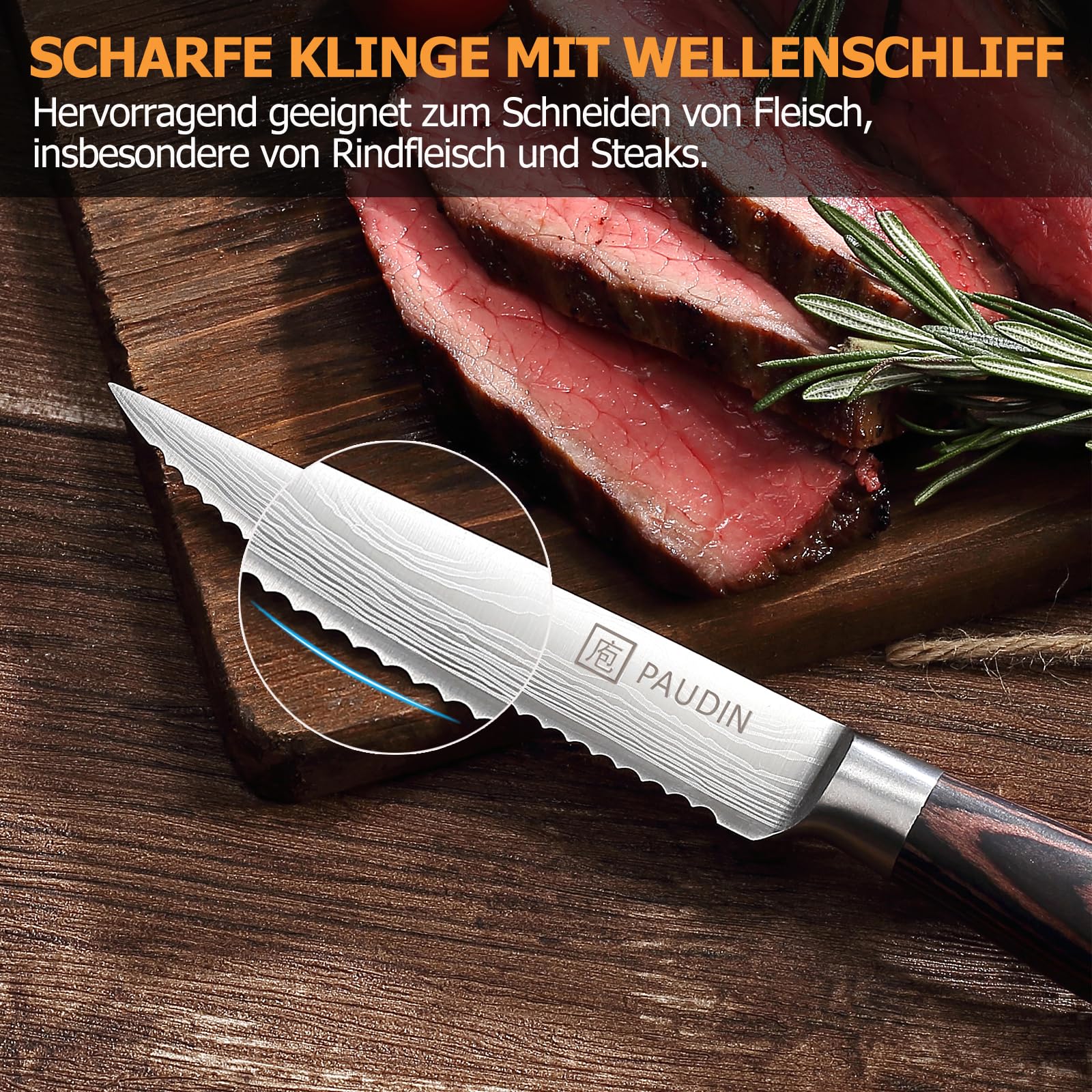 PAUDIN Steakmesser 6-teiliges Set, hochwertiger deutscher Edelstahl Steak Messer, ultrascharfe gezackte Klinge und ergonomischer Holzgriff, Tafelmesser mit Geschenkbox 7