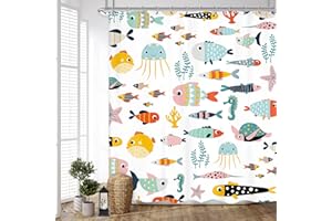 Ufeela Fish Shower Curtain,Kids Bathroom Shower Curtain,60Wx72L Inch Colorful Cartoon Nautical Ocean Animal Cute Lovely Shower Curtain Bathroom Set Coastal Sea Child Boys Kids Bath Curtain Home Decor