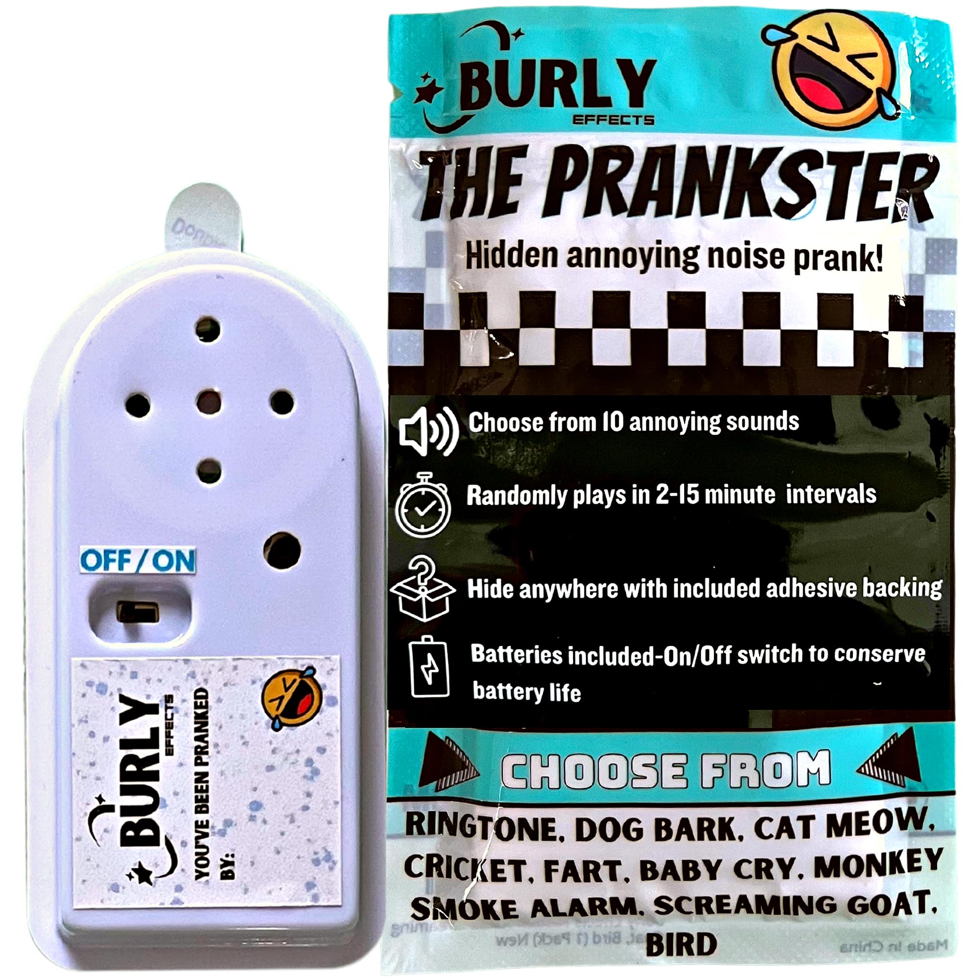 Burly Effects Hidden Noise Maker Gag Prank - 10 different Sounds - Ringtone, Dog, Cat, Cricket, Fart, Baby Cry, Smoke Alarm, Monkey, Screaming Goat, Bird (1 Pack)