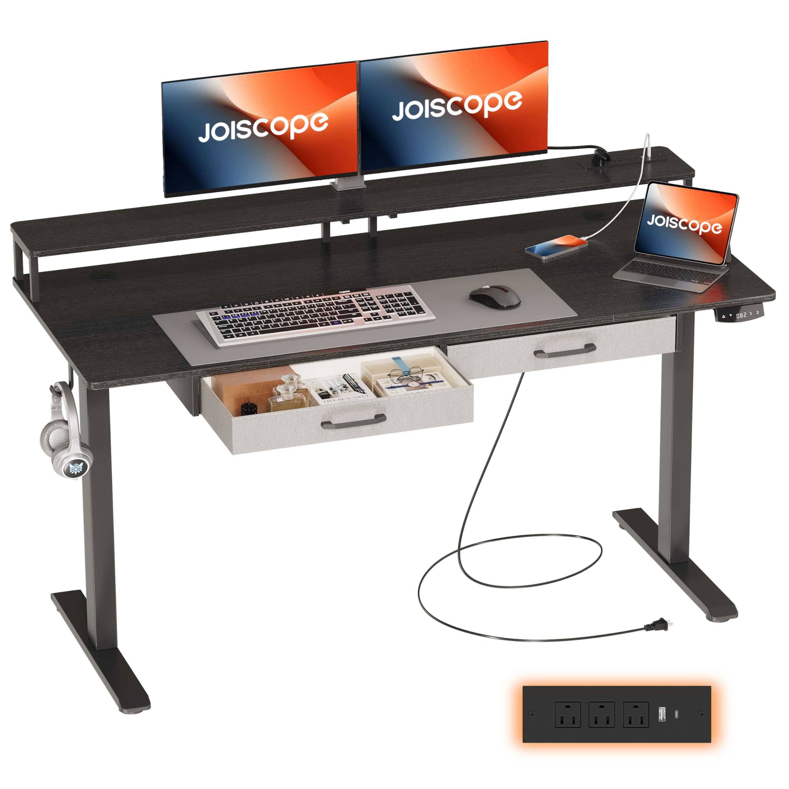 Photo 1 of *** see notes ***JOISCOPE 55 x 24 inch Adjustable Electric Standing Desk (3AC, USB, Type-C) with Drawers, Monitor Shelf & 2 Memory Heights, Gaming Study Drafting 25 mm/s Sit Stand Desk for Home Office Bedroom, Black