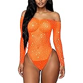 RSLOVE Women Lingerie Fishnet Bodysuit Sparkle Rhinestone Sexy Mesh Teddy Lingerie