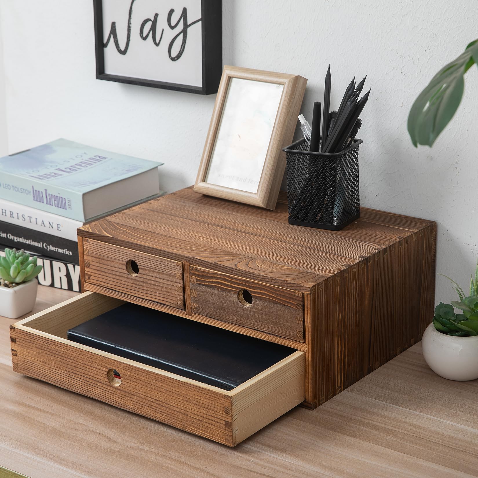 Photo 1 of ExoLiry Rustic Torched Brown Wood Desk Storage Cabinet Drawers Round Cutout Handles Countertop Wooden Organizer Table Top Stand Box Holder Jewelry Keepsake Caddy Mini Dresser Home Office Farmhouse