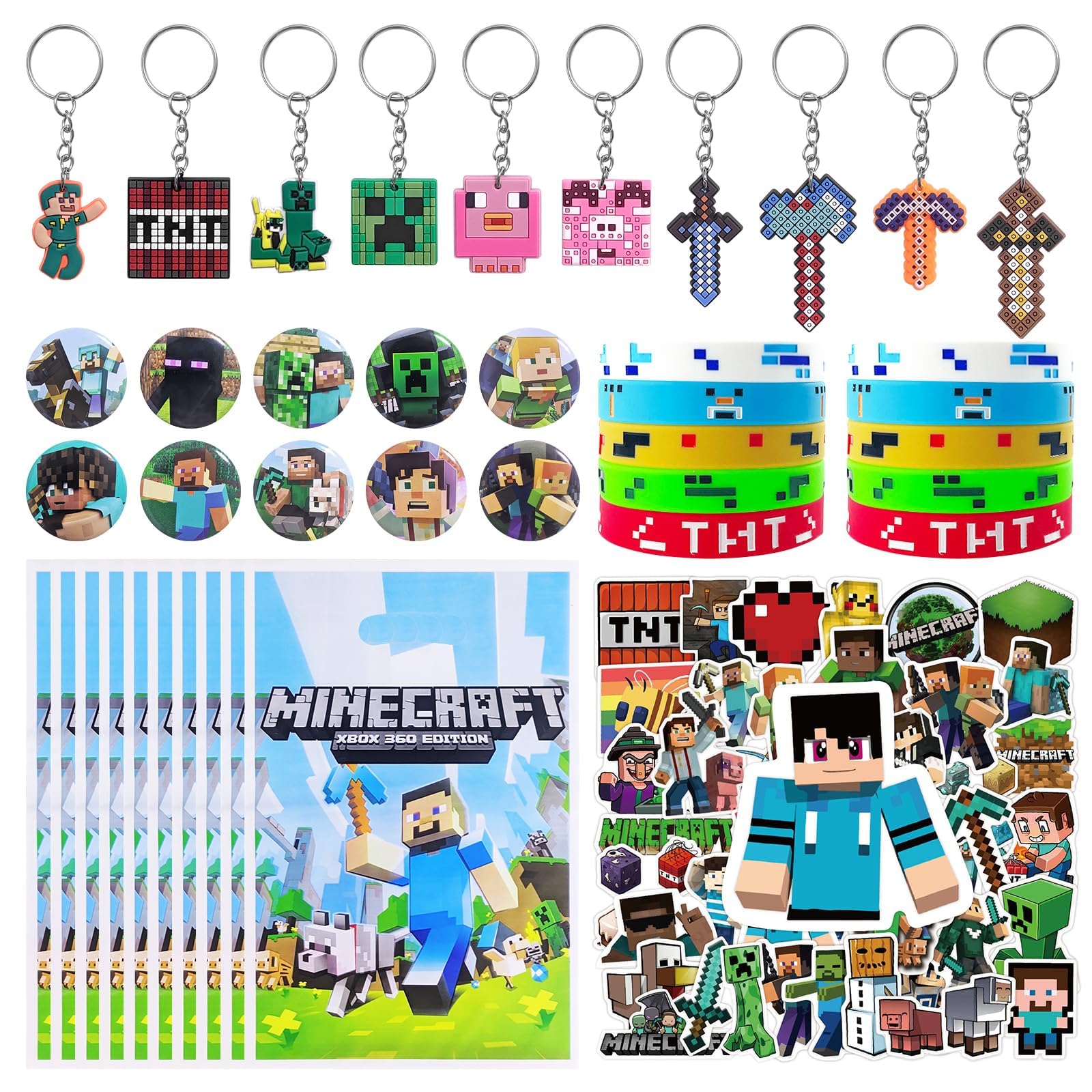 Xioose For Pixel Style Birthday Party Supplies, 90pcs Party Favors for , Includes 50 Stickers, 10 Gift Bags, 10 Wristbands, 10 Keychains, 10 Badges.