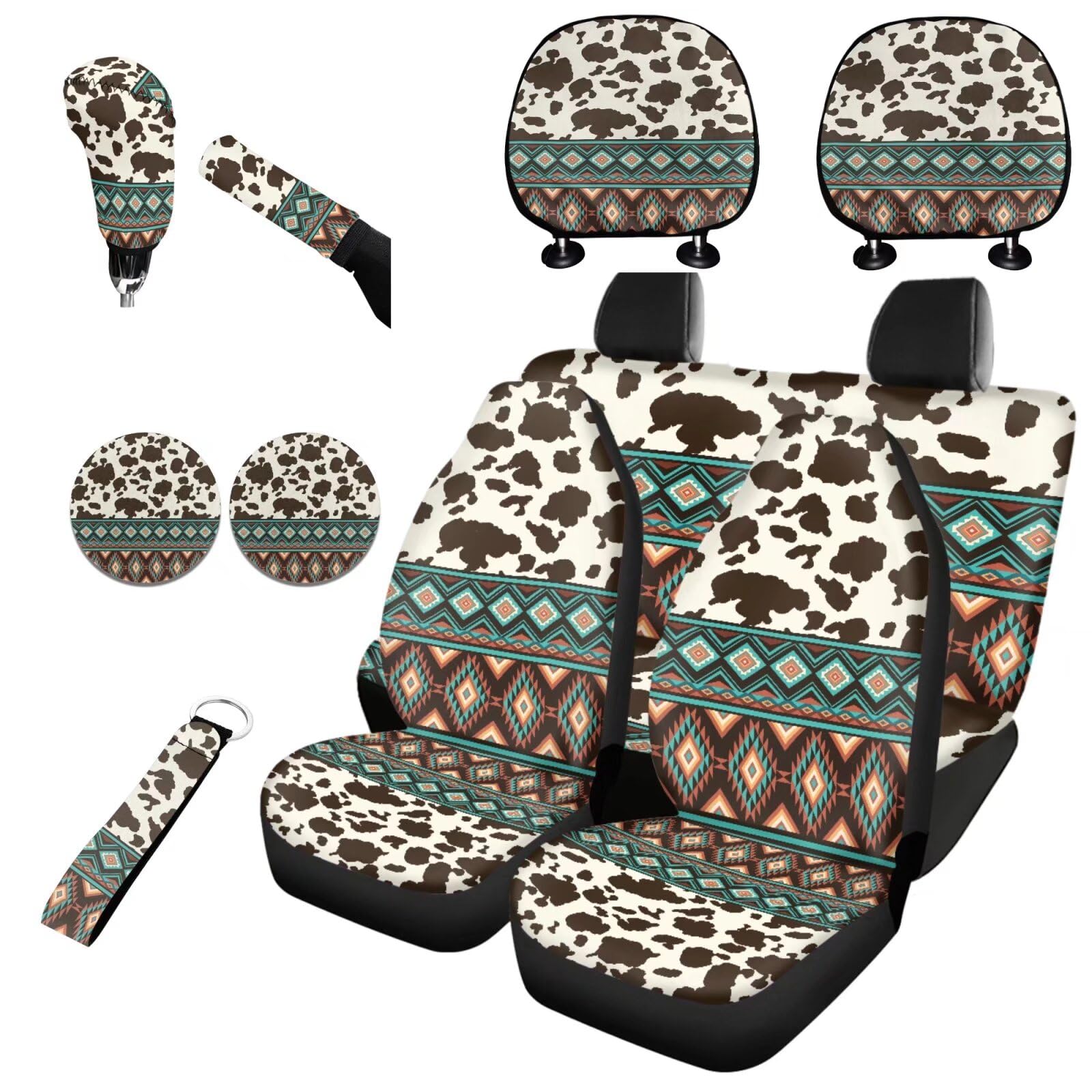 Photo 1 of Horeset Southwest Aztec Geometric Cow Print Auto Seat Cover with Headrest Cover,Cup Coasters,Handbrake Cover,Gear Shift Caover and Lanyaeds Key Chain Fit Most Cars for Women Men(11-Piece)