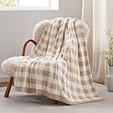 Snuggle Sac Buffalo Plaid Bedding Blanket Twin Size, Super Soft, Cozy Warm Knit Decorative Blankets, Reversible Plaid Fluffy Throws for Bed, Plaid Beige, 60x80 Inches