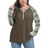 OLRIK Plus Size Tops for Women 2025 Fall Plaid Long Sleeve Henley Shirts Casual V Neck Button Tunic Tops