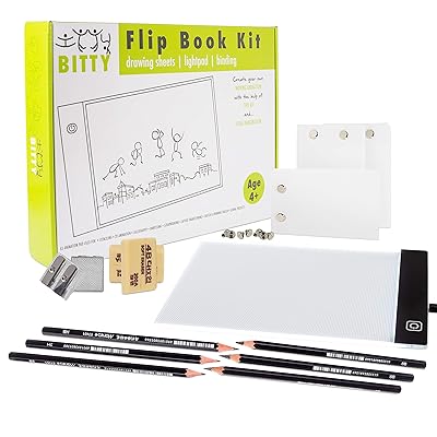 IttyBitty - LED Light Pad &amp; Flip Book Kit for Kids | Drawing and Tracing Animation Tablet with 480 Sheets of Premium Flip Book Paper, Rubber Erasers 6 Artist Drawing Pencils &amp; Quick Charge USB Cable
