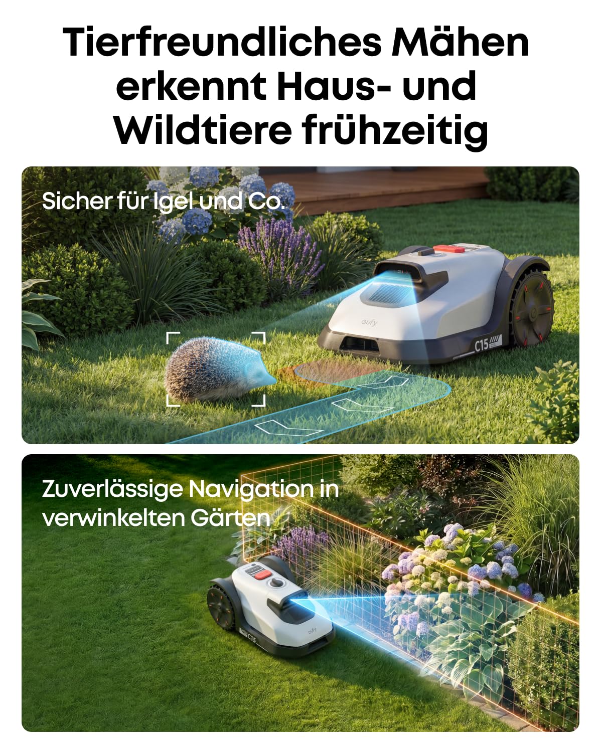 eufy C15 Mähroboter ohne Begrenzungskabel mit Garage, bis 500m², TrueVision, ohne RTK, Keine Signalprobleme, Auto-Kartierung, sicher für Igel, intelligente Navigation, präzises Randmähen 6