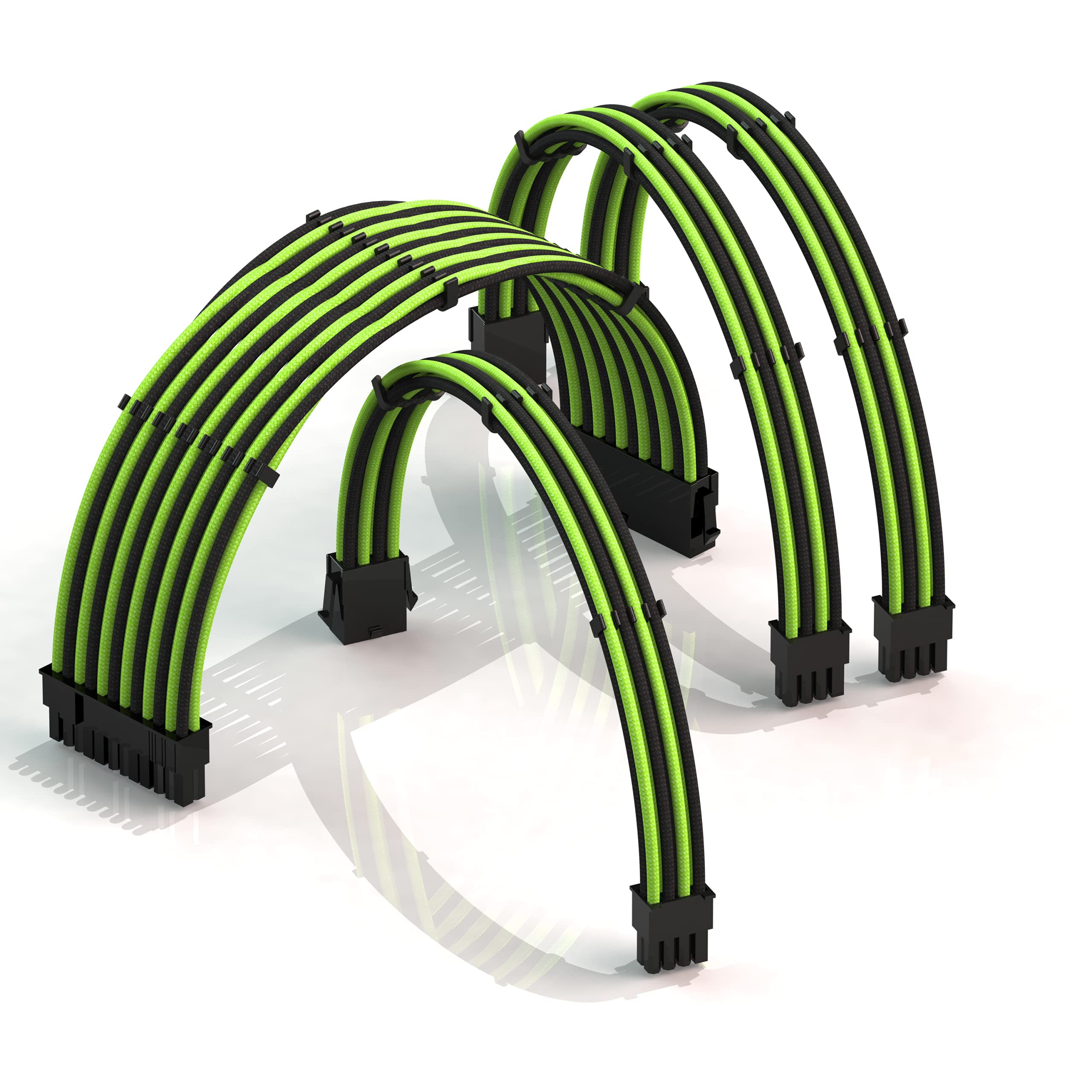 LINKUP - AVA 30cm PSU Cable Extension Sleeved Custom Mod GPU PC Braided w/Comb Kit | 1 x 24 P (20+4) | 1 x 8 P (4+4) CPU | 2 x 8 P (6+2) GPU set | 300mm - GreenBlack
