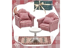 iLAND Dollhouse Furniture on 1/12 Scale incl 2 Miniature Sofas w/ 2 Pillows & End Table & Rug, (Red White Gingham Armchairs S