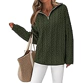 PRETTYGARDEN Womens Spring Sweaters 2026 Long Sleeve Quarter Zip Pullover Sweater Casual Loose V Neck Cable Knit Jumper Tops