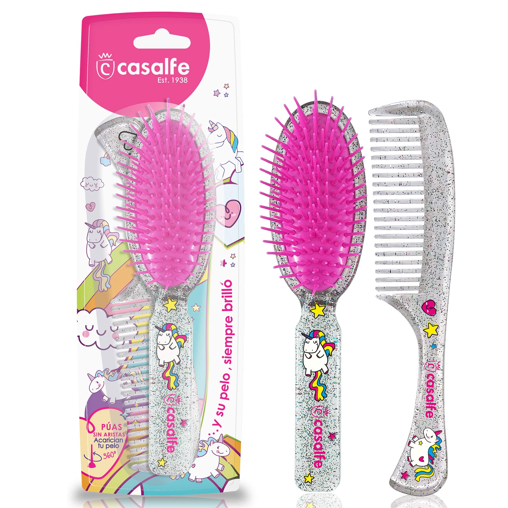 Casalfe Unicorns and Brilli Brilli Detangler Brush + Comb - Dryer Resistant, Clear Glitter (3466)
