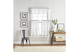 Curtainworks Country Modern Rustic Farmhouse Buffalo Check Kitchen Curtains Window Valance and Cafe Tiers, 3-Piece Set, 36-inch, Grey White
