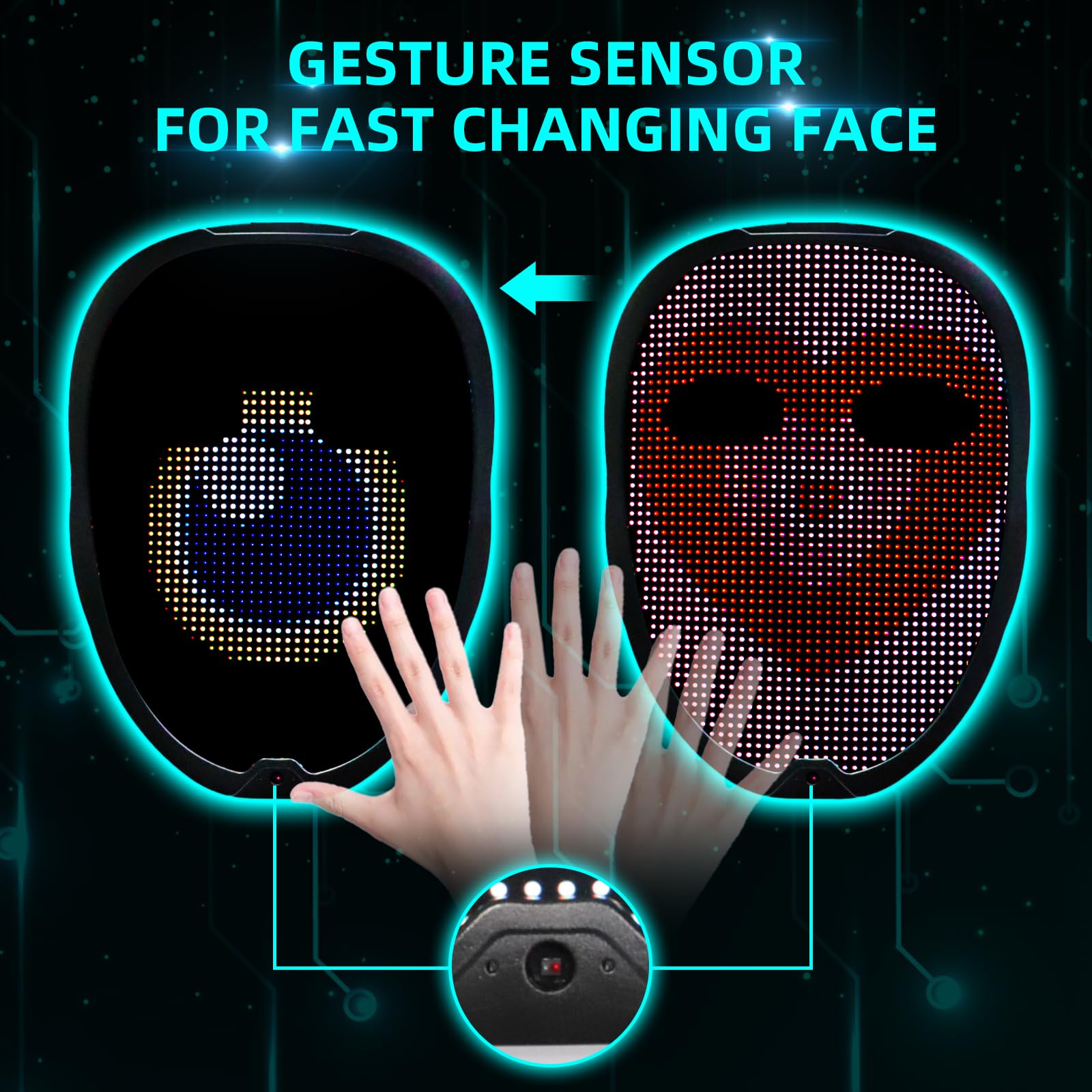 Ompusos LED Mask with Gesture Sensing, Light-Up Transforming Face Cover for Halloween, Christmas, Cosplay & Birthday Parties