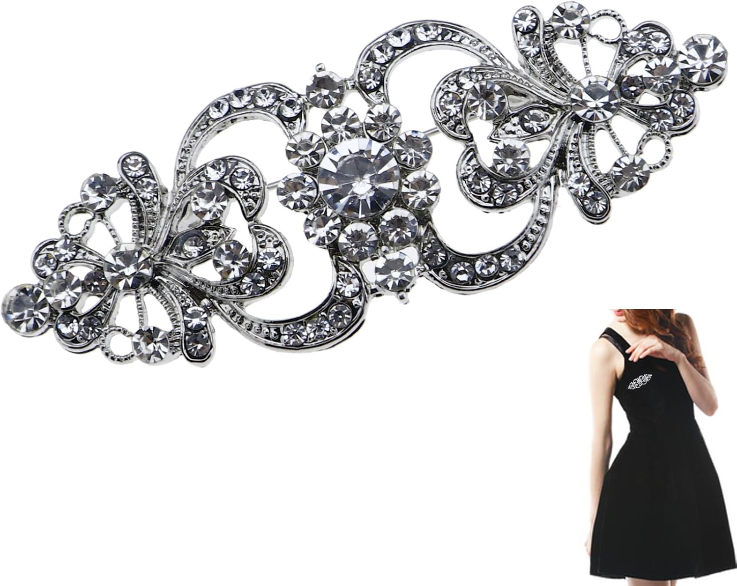 OTOTEC Women Crystal Rhinestone Brooch Wedding Party Bridal Flower Brooch Pin, Silver