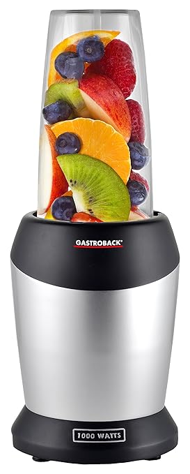 Gastroback 41029 Design Micro Blender, Smoothie-Maker, Standmixer inkl. 2 Mixbecher und to go-Verschluss', silber