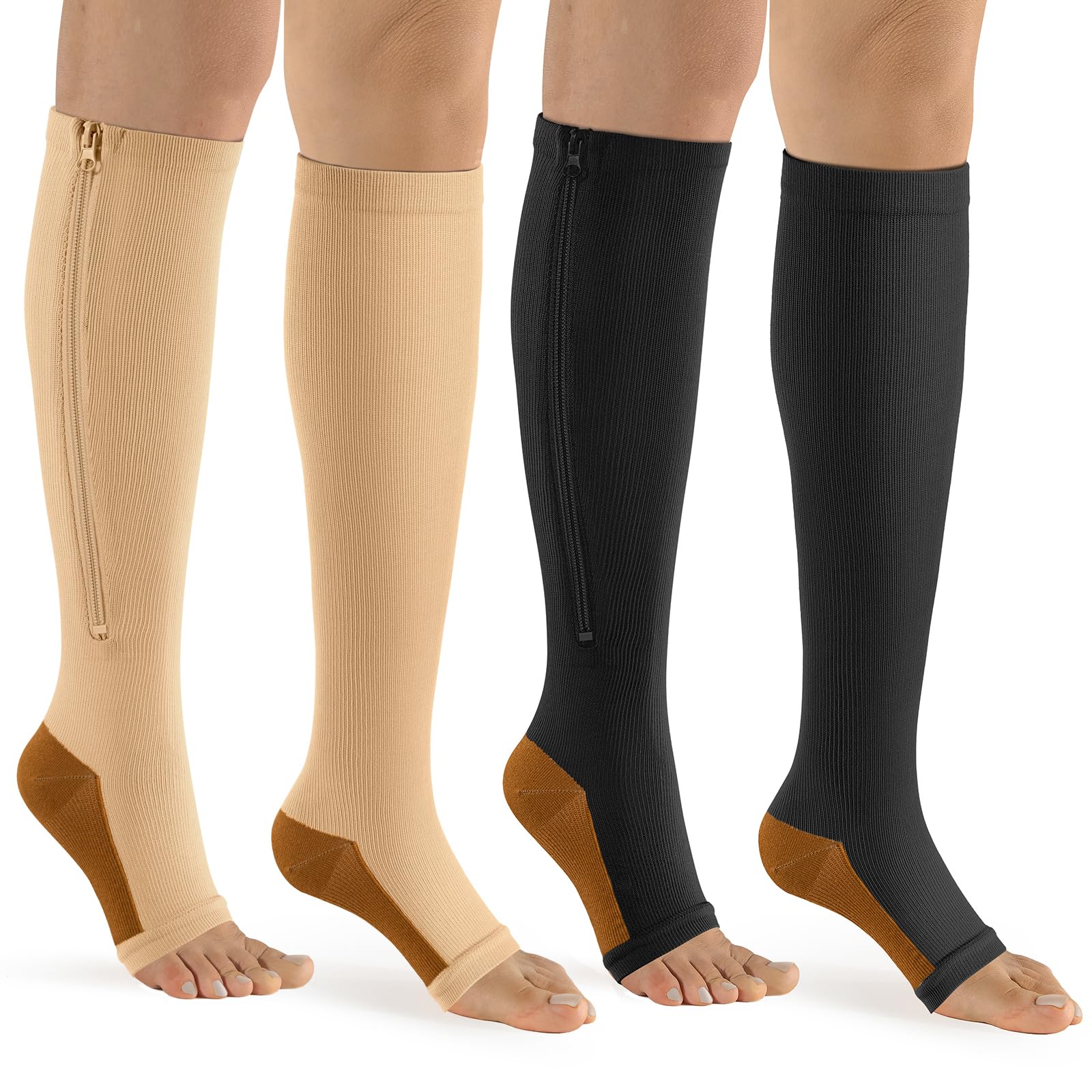 Photo 1 of bropite Zipper Compression Socks Women & Men - 2Pairs Calf Knee High 15-20mmHg Open Toe Compression Stocking suit for Walking
