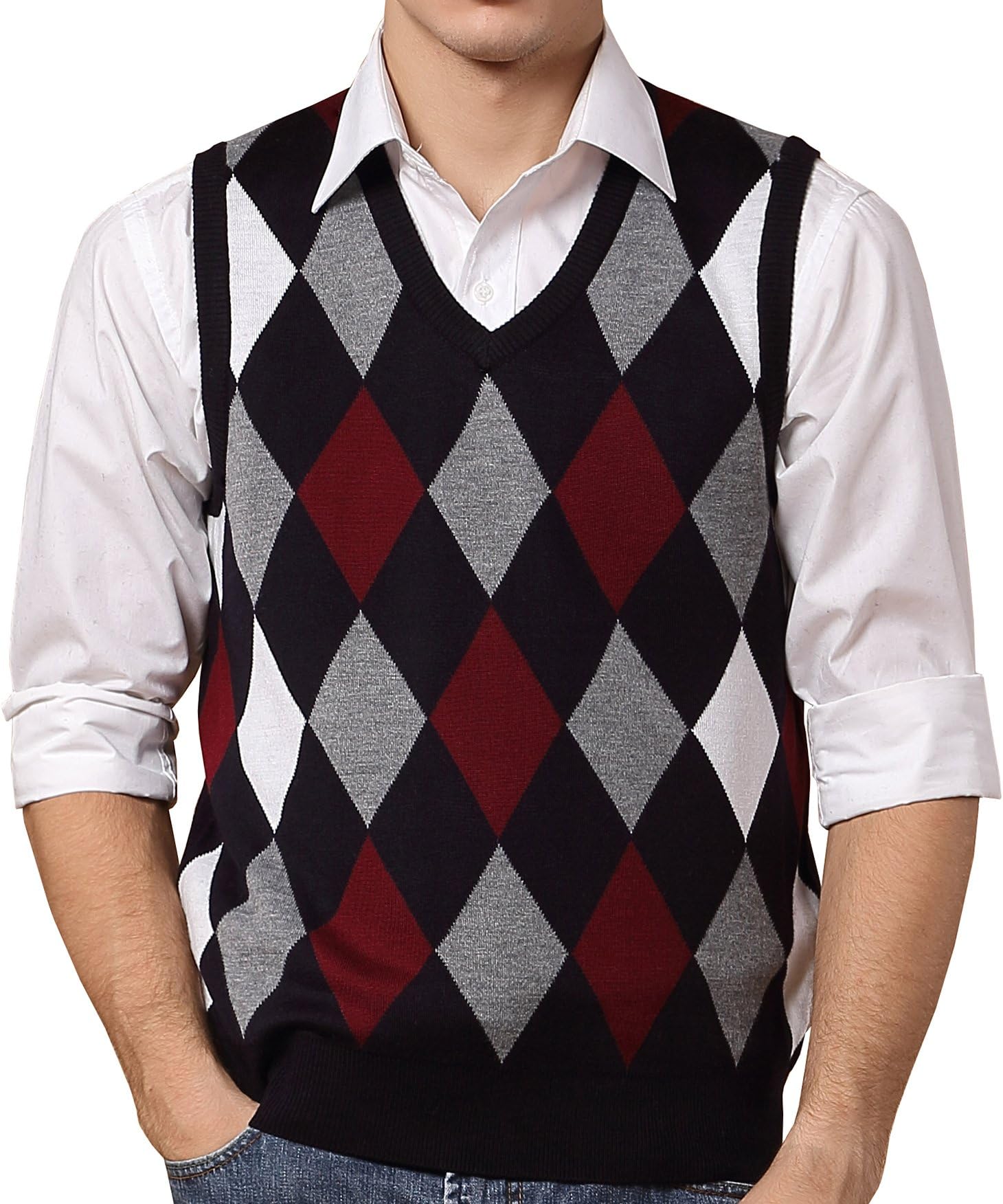 FULIER Winter Mens Gilet V-Neck Sleeveless Vest Waistcoat Classic Business Gentleman Argyle Pattern Design Soft Knitwear Warm Sweater Tank Tops
