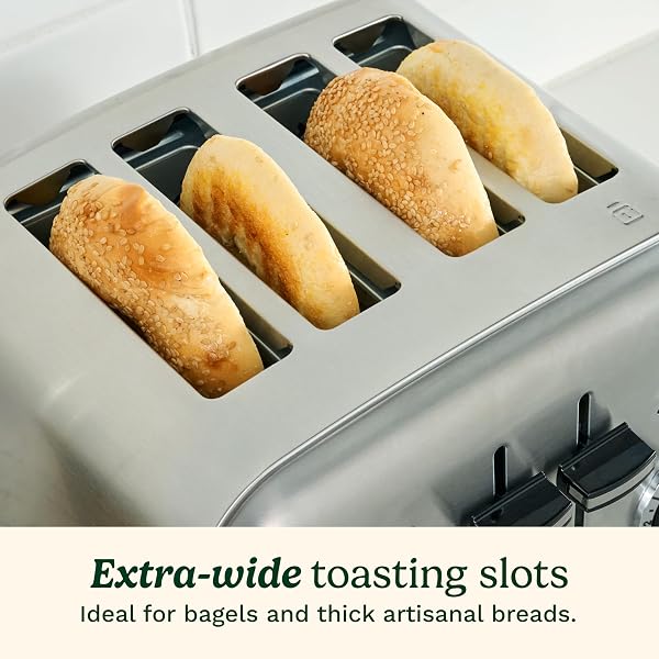 CUISINART 4 SLICE COMPACT STAINLESS STEEL TOASTER WITH EXTRA-WIDE SLOTS FOR BREAD, FRENCH TOAST, BAGELS & PASTRIES, DEFROST & REHEAT FUNCTIONS, CPT-180P1, BRUSHED STAINLESS, REMOVABLE CRUMB TRAY