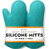 BPA-Free Soft Silicone Oven Mitts - Ultra Heat Resistant Oven Mitts with Thick Cotton Liner - Long Slip Resistant Pot Holders, Flexible Oven Gloves - Turquoise 13.7"