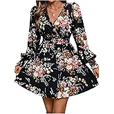 Floerns Women's Floral Wrap V Neck A Line Dress Long Sleeve Elegant Mini Dresses