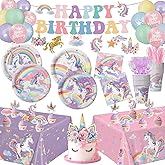 Unicorn Birthday Decorations Includes Plates, Napkins, Cups, Cutlery, Hanging Swirls, Banner, Cake & Cupcake Toppers, Balloons, Tablecloths for Rainbow Girls Birthday Party Decorations, Serve 20