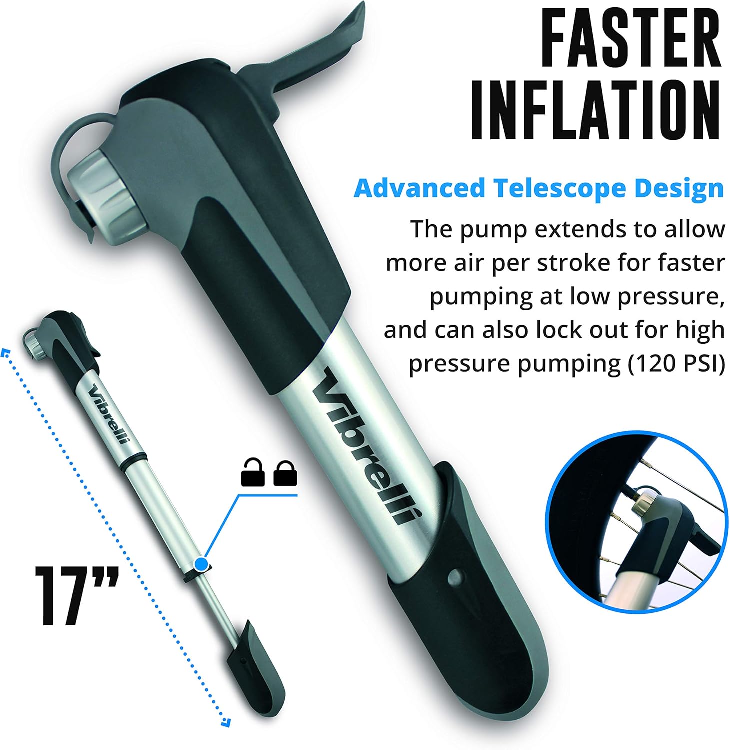 Vibrelli Mini Bike Pump & Glueless Puncture Repair Kit - Fits Presta & Schrader - 120 PSI - No Valve Changing Needed. : Sports & Outdoors