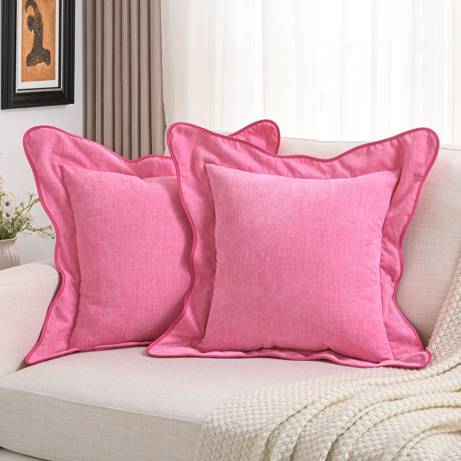Photo 1 of FUTEI Soft Cozy Hot Pink Chenille Decorative Throw Pillow Covers 18x18 Inch Set of 2,Double Stitch Scalloped Bordered Cushion Case,Modern Home Decor for Couch Bed Living Room