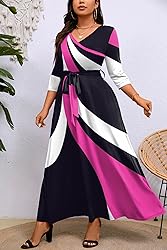 Runwind Plus Size wrap Dress Sexy 3/4 Sleeve V Neck