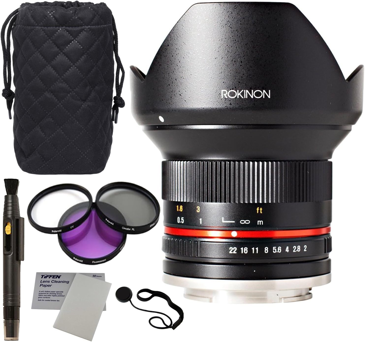 Rokinon 12mm F2.0 NCS CS Ultra Wide Angle Lens for Fuji X Mount Digital Cameras (Black) (RK12M-FX) - Fixed, Polaroid Filter Kit, Polaroid Lens Cap Strap and Accessory Bundle