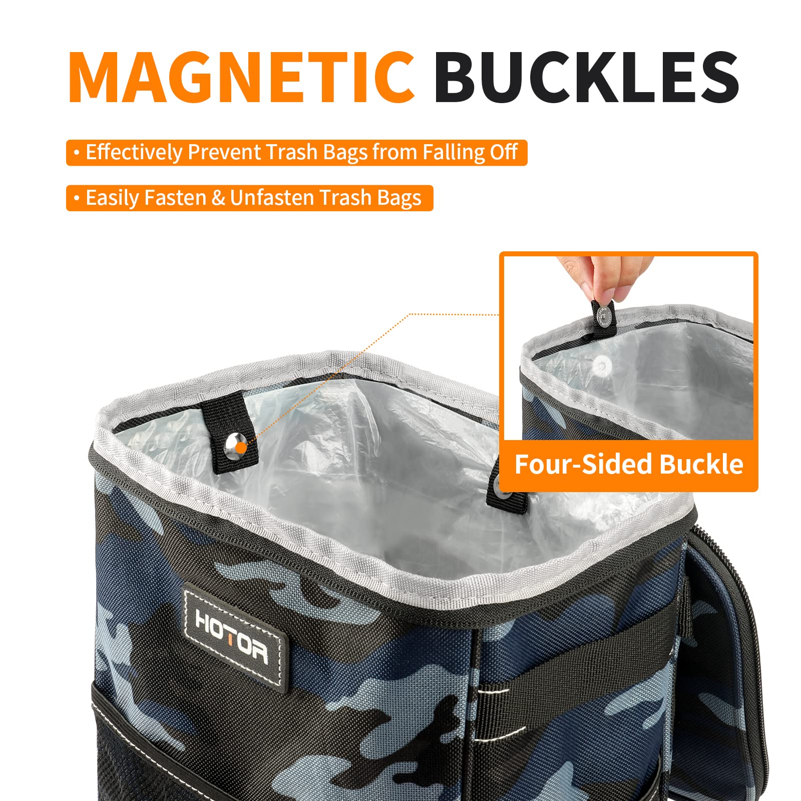 HOTOR Car Trash Can with Lid and Storage Pockets - 100% Leak-Proof Organizer, Waterproof Garbage Can, Multipurpose Trash Bin for Car, 2 Gallons, Camouflage Blue