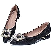 QXQDQY Women's Chunky Low Block Heels Rhinestone Pointed Toe Pumps Comfortable Slip on Work Dress Wedding Shoes Black Size 9.5