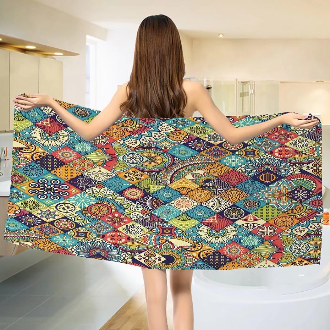 yanyanshowers Bohemian Bath Towel Checkered Pattern with Ethnic Ornamental Floral Figures Ethnic Folk Art Abstract Cotton Beach Towel Multicolor （55"x28"）