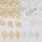 WADORN 120Pcs 2 Colors Hollow Leaf Oranaments Charms, Metal Filigree Leaf Crafts Pendant Tree Leaf Brass Charm Filigree Leaves Connector Pendants for DIY Necklace Earring Jewelry Making Accessories