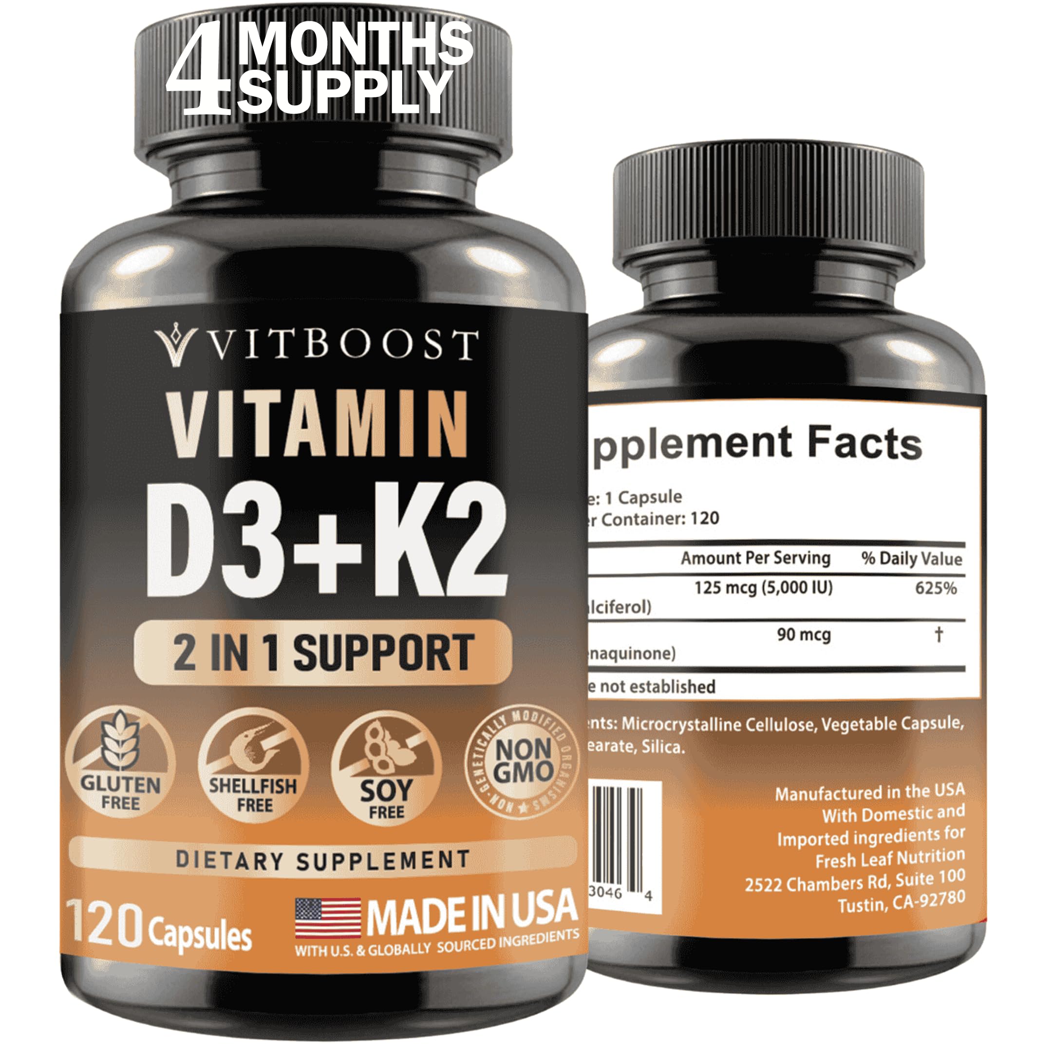 Vitamin D3 K2 Complex - Easy to Swallow - Vitamin D (D3) 5000 IU (125 mcg) & K2(MK-7) 90 mcg | Non-GMO | Gluten-Free | USA Made | 120 Capsules