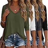 Ficerd 4 Pack Women's 3/4 Sleeve T Shirts, V Neck Casual Tunic Tops Loose Fit Cotton Basic Shirts Solid Color Fashion Tees