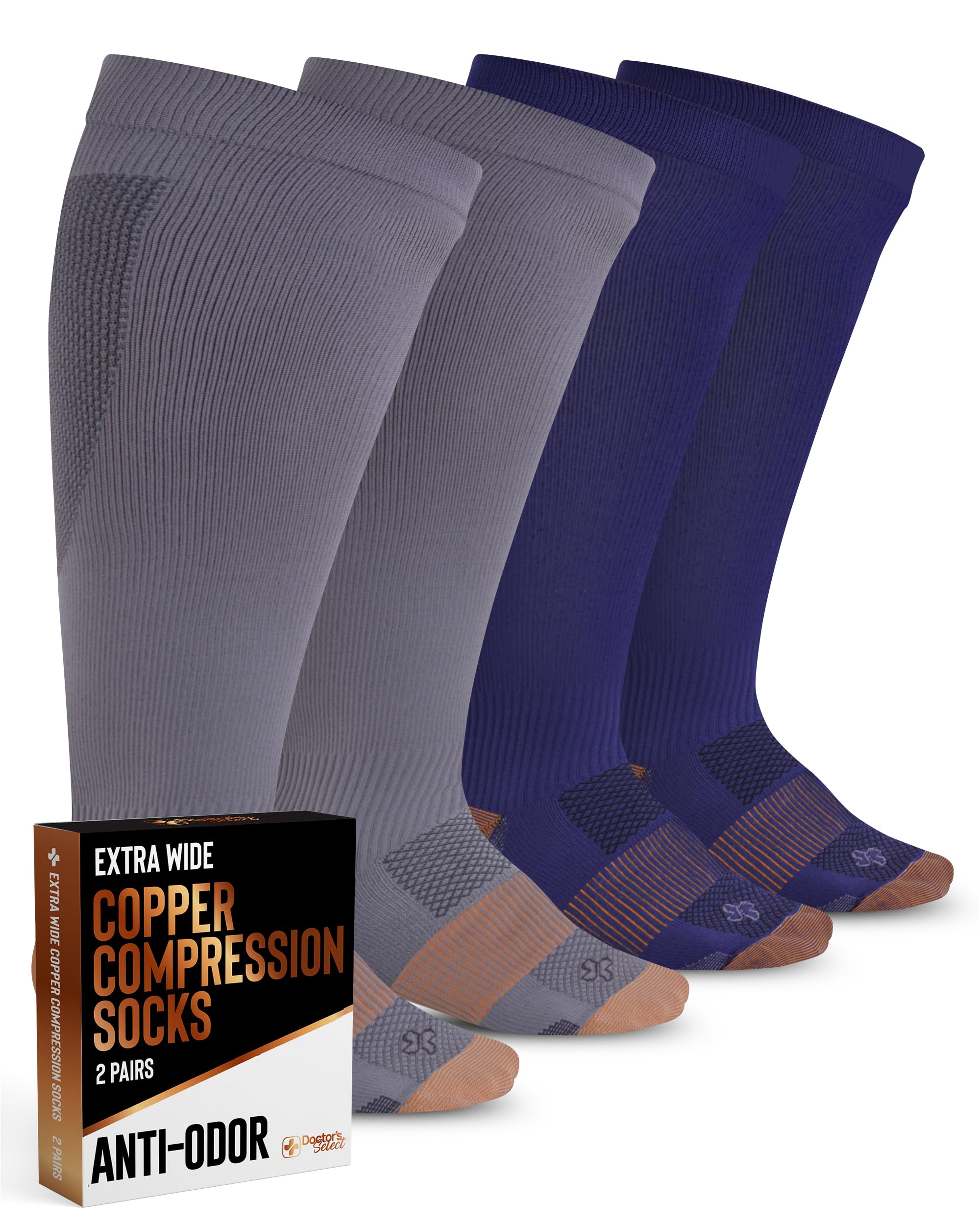 Photo 1 of Doctor's Select Copper Plus Size Compression Socks Wide Calf - 2 Pairs | 20-30mmHg Extra Wide Calf Compression Socks Women Plus Size for Traveling & Running | Gray & Navy