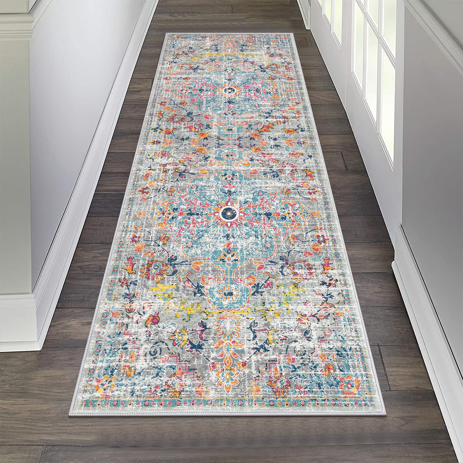 Photo 1 of Pauwer Hallway Runner Rug 2'x6' Washable Boho Farmhouse Entryway Kitchen Runner Vintage Non Slip Laundry Room Bathroom Area Rugs Rubber Backed Front Door Foyer Bedroom Floor Mat Carpet Runner, Grey