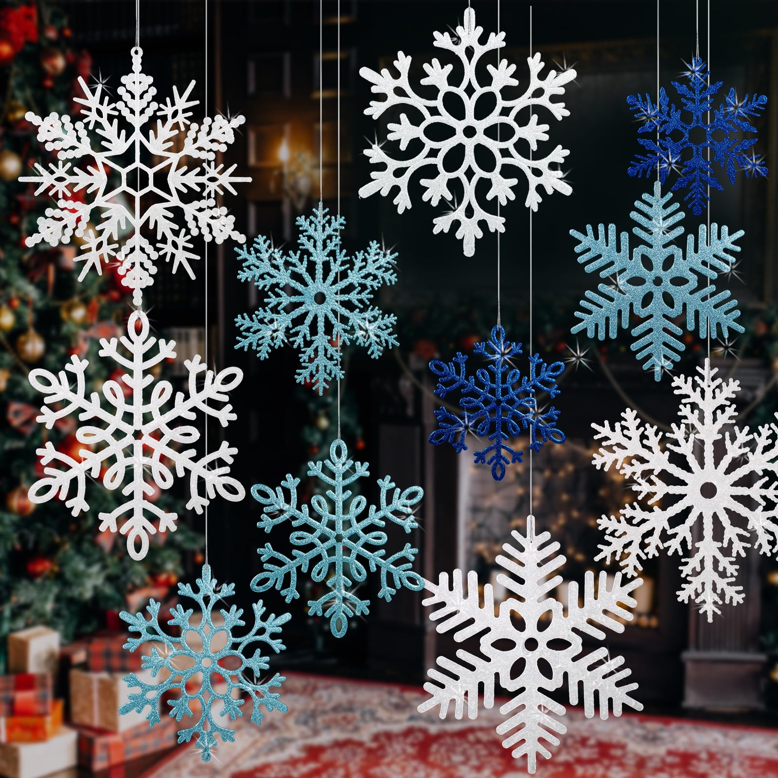 Photo 1 of 12 PCS 11.8 Inch Large Snowflakes Ornaments - Outdoor Winter Decor Glitter Giant Hanging Snowflake Decorations for Indoor Outdoor Winter Tree Decorations(White, Blue, Dark Blue)