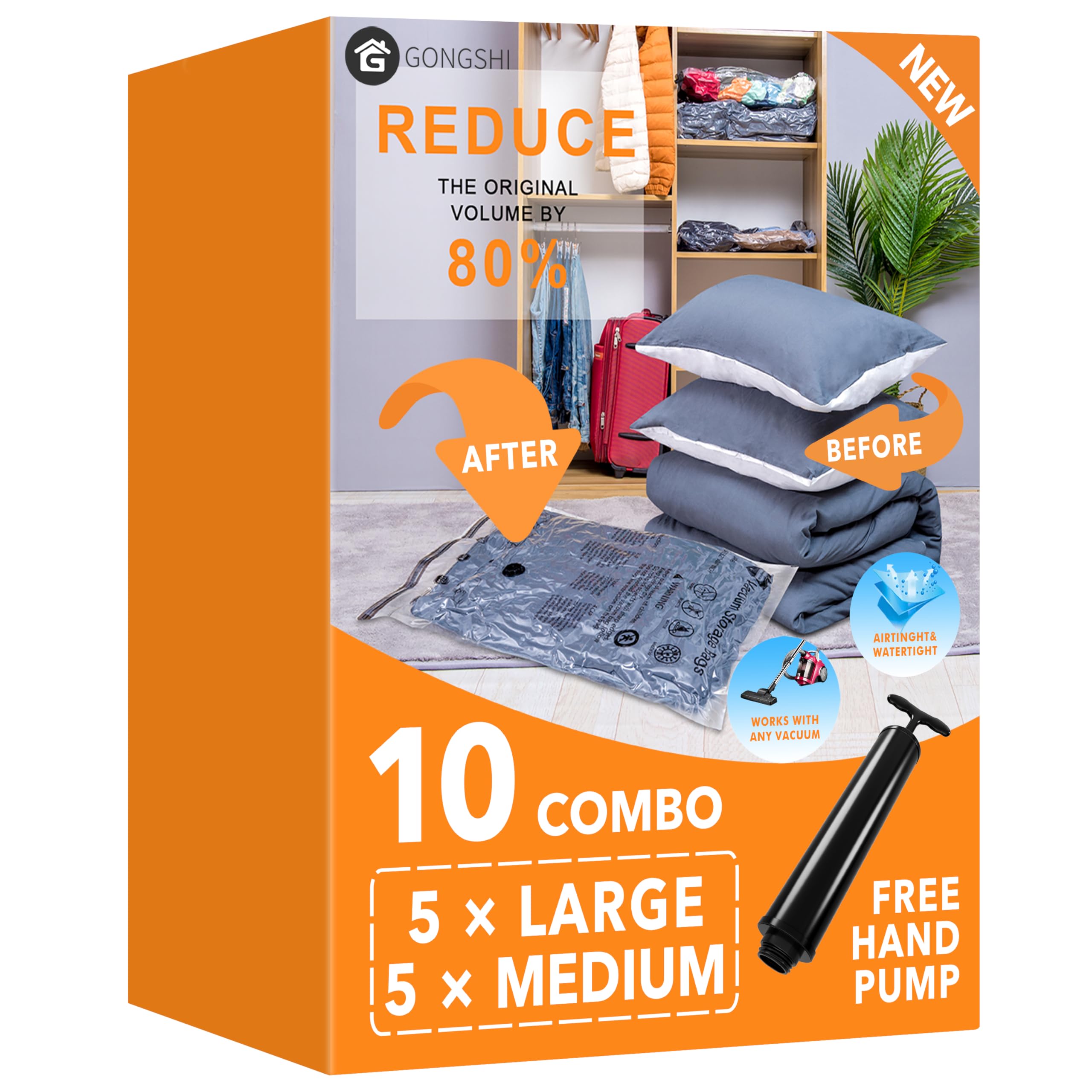 Photo 1 of 10 Pack Vacuum Storage Bags (5 x Large, 5 x Medium), Space Saver Sealer Compression Bags with Travel Hand Pump for Blankets, Comforters, Pillows, Clothes Storage