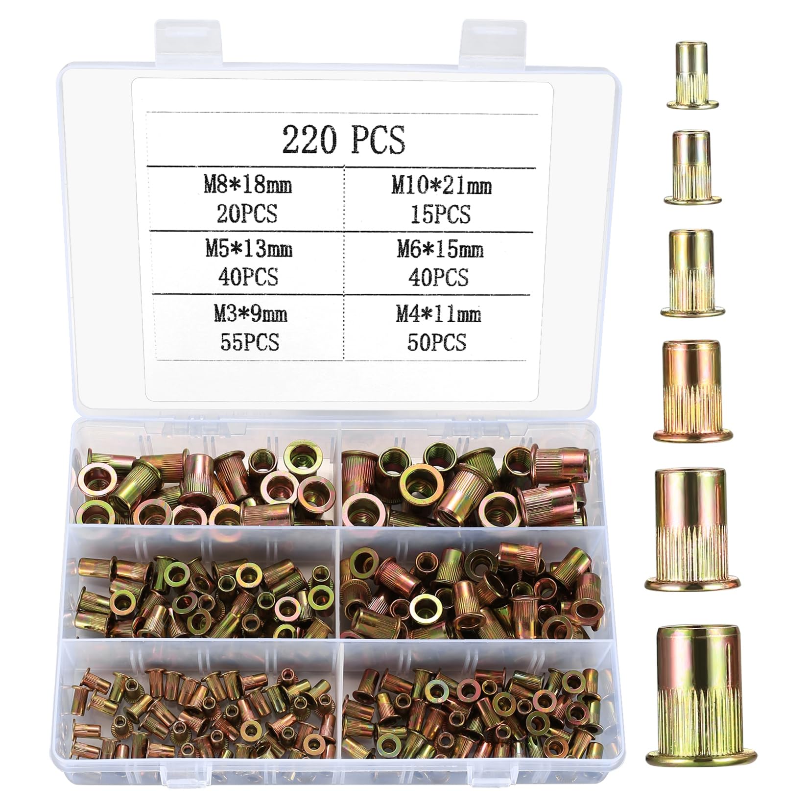220 Pcs Rivet Nuts, Zinc Plated Carbon Steel Flat Head Threaded Insert Nutsert, M3 M4 M5 M6 M8 M10 Threaded Insert Rivet Nuts Assortment Set